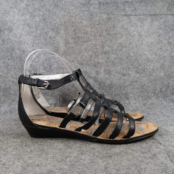 Sam Edelman Shoes Womens 7.5 Sandal Leather Caged Buckle Strappy Low Wedge Donna - Picture 1 of 12